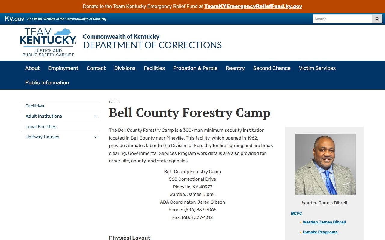 Bell County Forestry Camp Kentucky DOC inmate facility page