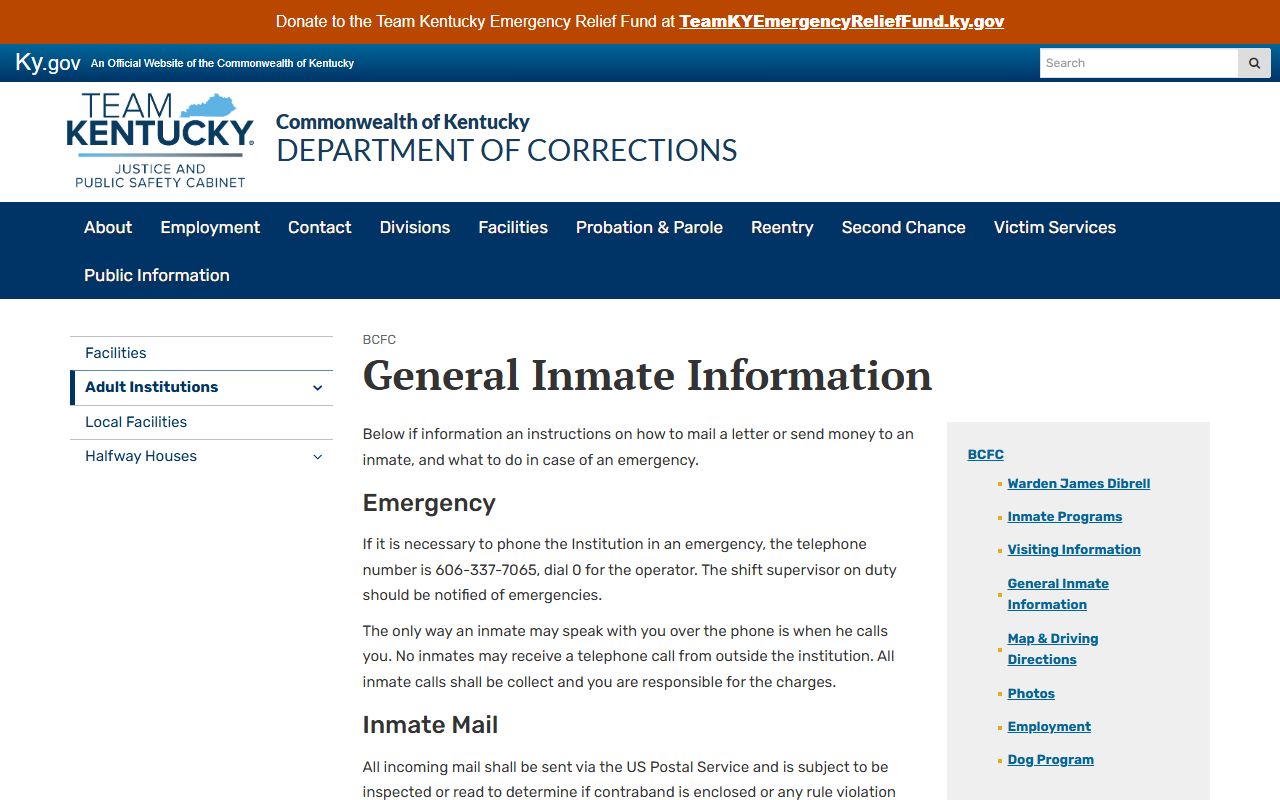Bell County Forestry Camp inmate mail phone and emergency contact rules