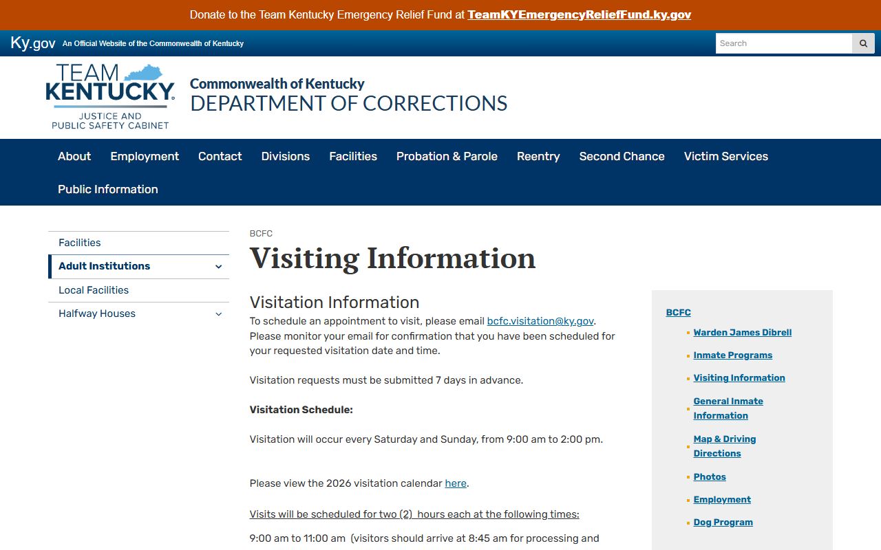 Bell County Forestry Camp inmate visiting schedule and dress code