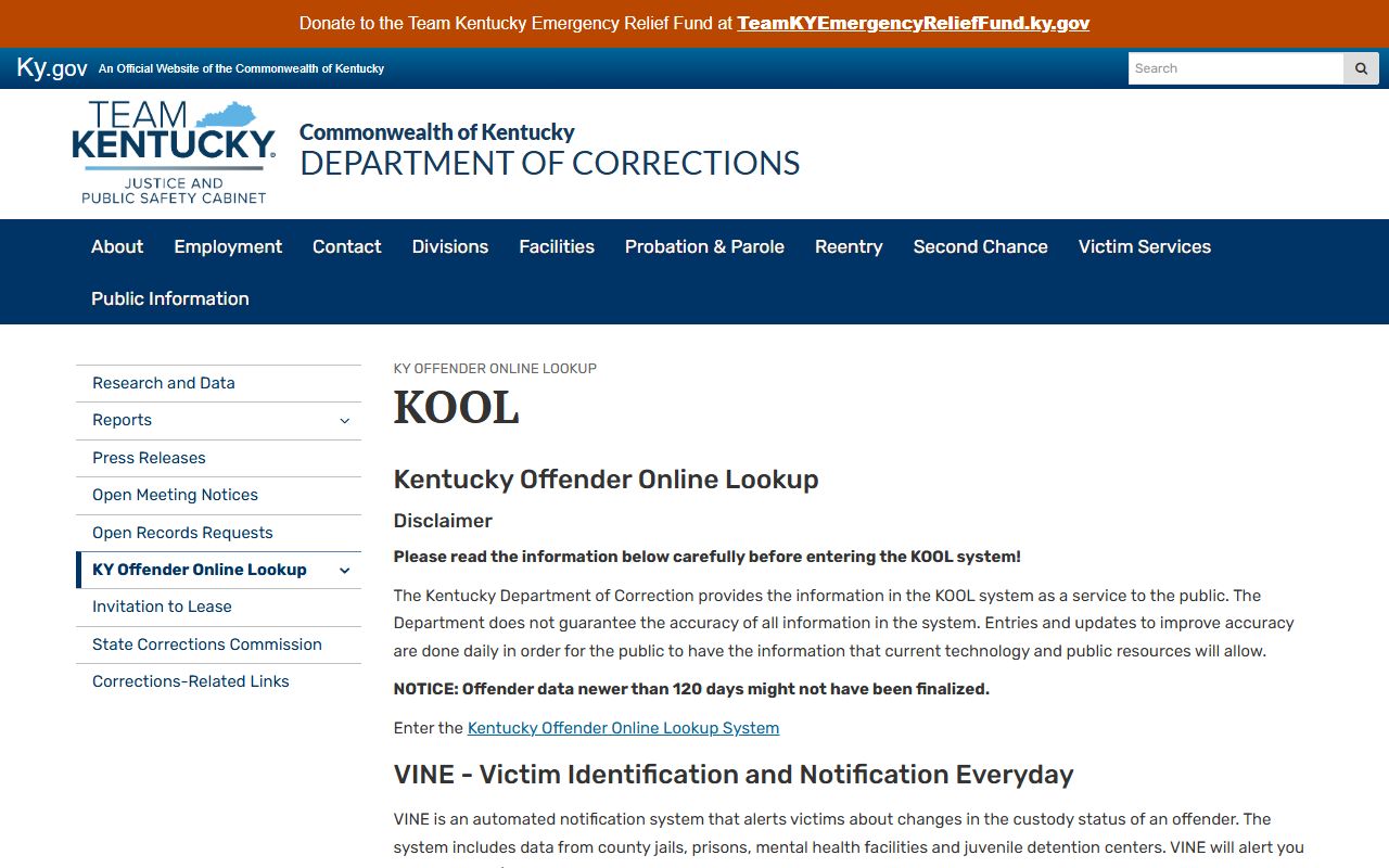 Kentucky DOC KOOL locator for Bell County state inmate search