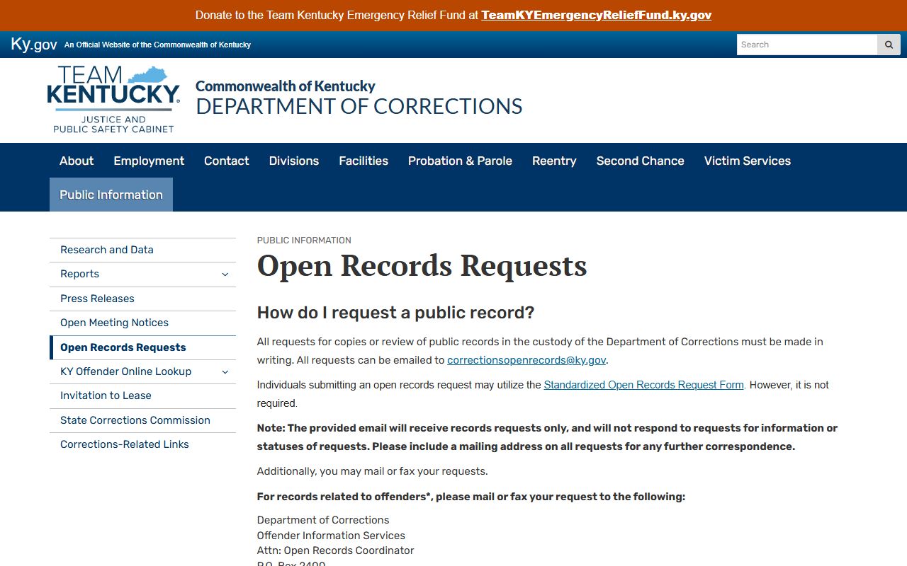 Kentucky DOC open records requests for Bell County inmate photo records