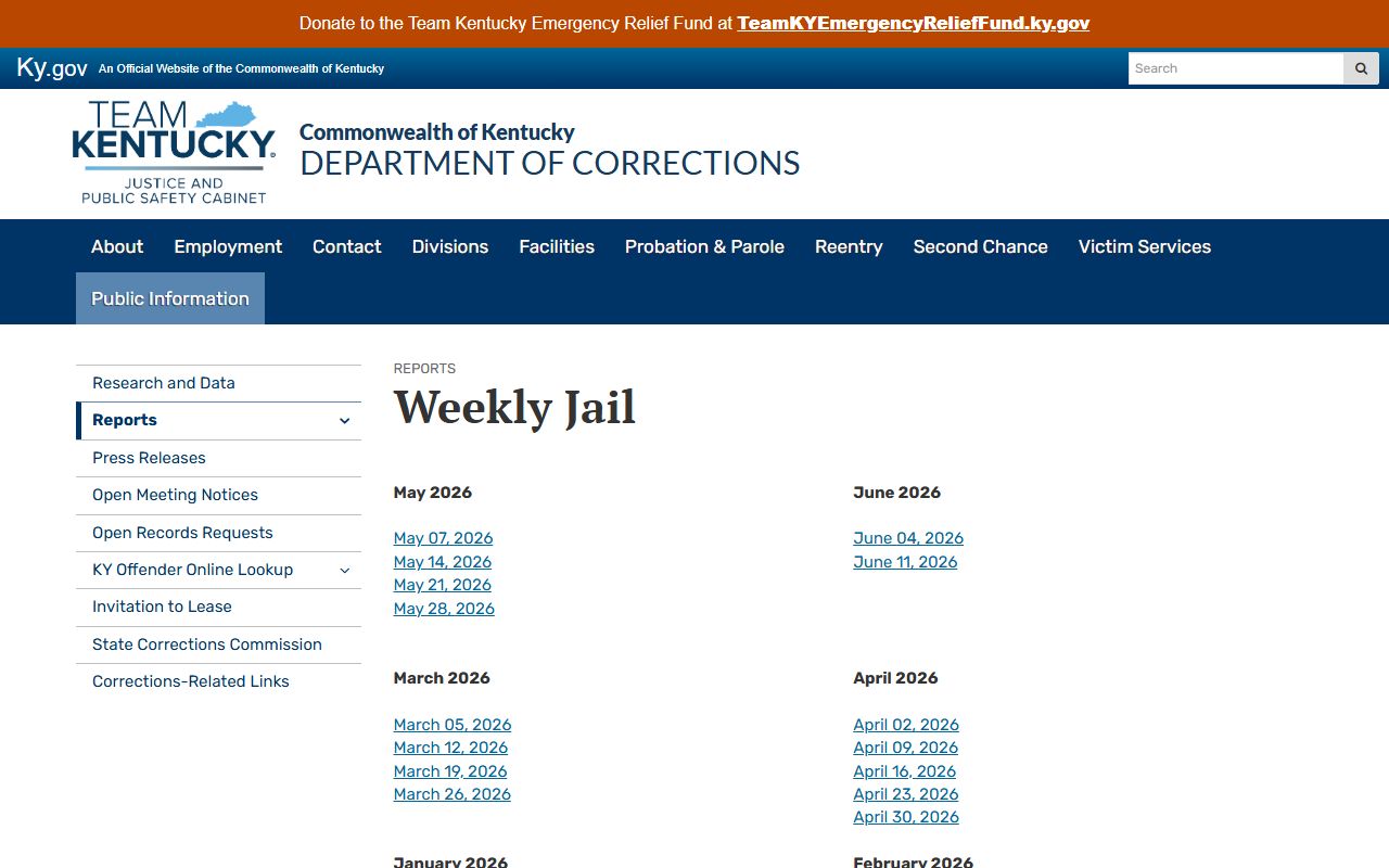 Kentucky DOC weekly jail reports for Bell County inmate population statistics